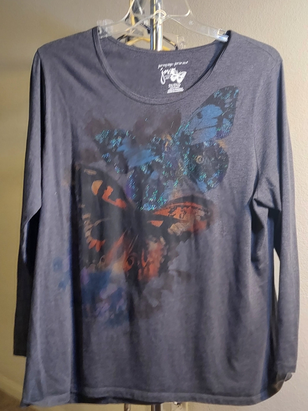 Just My Size Charcoal Tee with White Butterfly Logo and Script